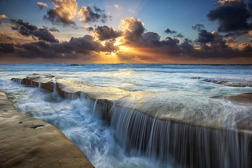 Nature, Sunset, Sea, Sun, Twilight, Clouds, Waves, Shore, Bank, Ocean, Flow, Dusk HD wallpaper