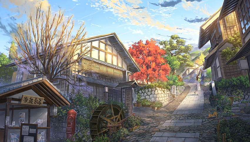 Gebäude, Dorf, Anime-Landschaft, Landschaftlich, Wolken, Wolken, Sommer, Katze, 1920 x 1090 HD-Hintergrundbild