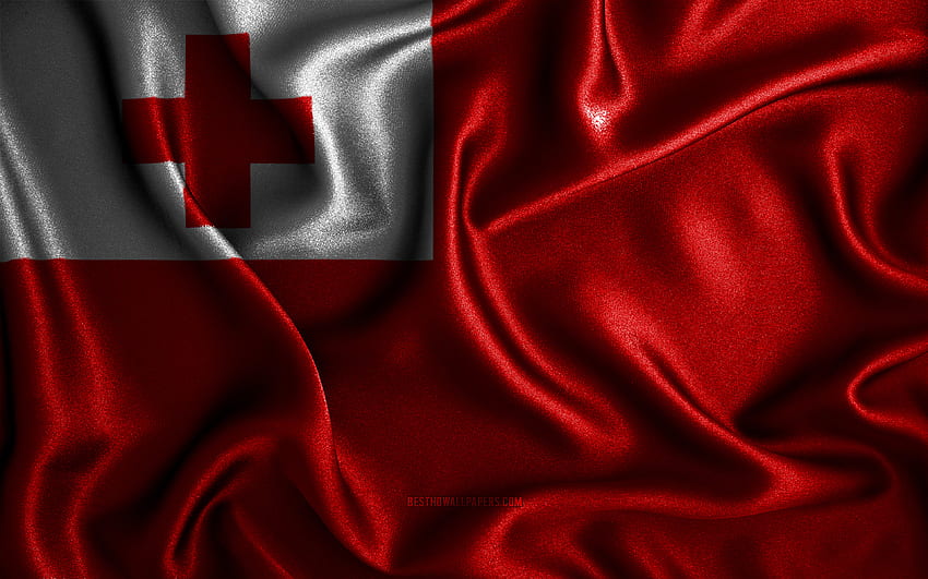 Bandeira de Tonga, bandeiras onduladas de seda, países da Oceania, símbolos nacionais, bandeira de Tonga, bandeiras de tecido, bandeira de Tonga, arte 3D, Tonga, Oceania, bandeira de Tonga 3D com resolução. Alto papel de parede HD