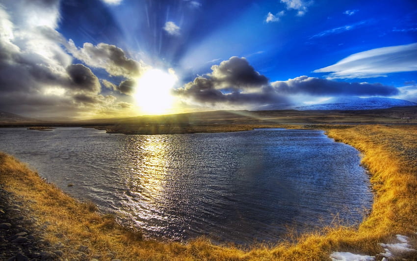 ISLAND AT DAWN, amanhecer, islândia, grama, lago, pôr do sol papel de parede HD