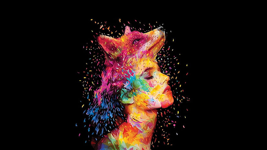 Abstract design, fox, girl face, painting, colorful Full HD wallpaper