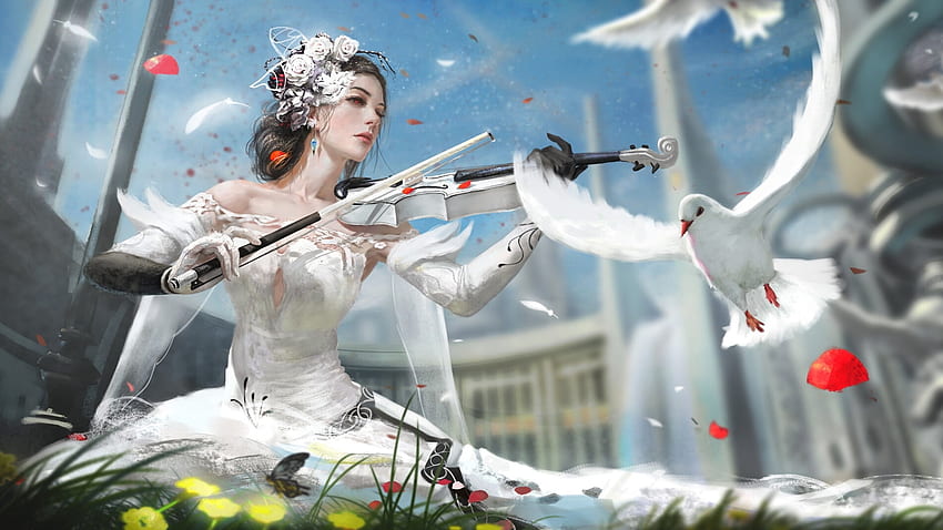 Violin Player, digital, instrument, bird, art, girl HD wallpaper