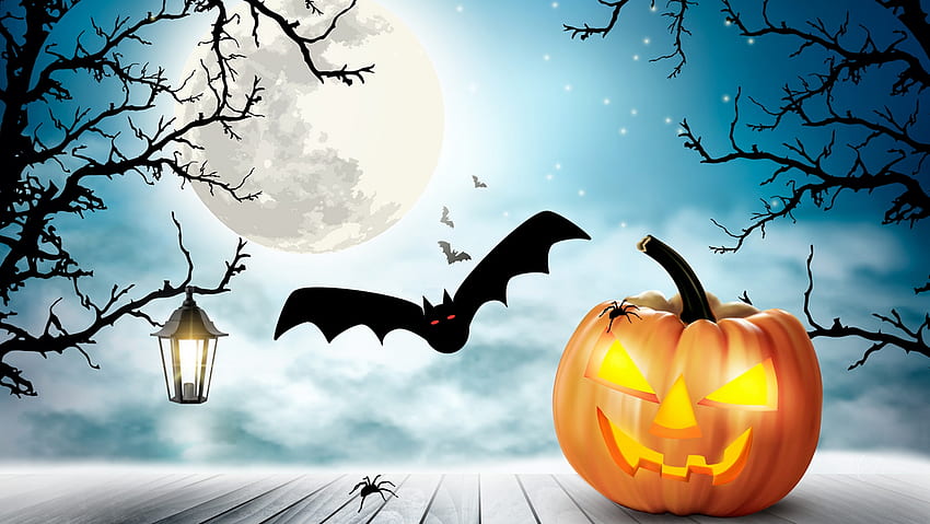 Halloween, pełnia księżyca, upadek, pająki, latarnia z dyni, motyw Firefoksa, jesień, drzewa, dynia, latarnia, nietoperze Tapeta HD