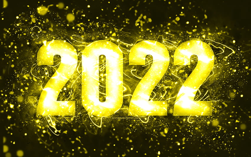 2022 konsep, Selamat Tahun Baru 2022, lampu neon kuning, tahun baru 2022, 2022 dengan latar belakang kuning, digit tahun 2022, digit kuning 2022 Wallpaper HD