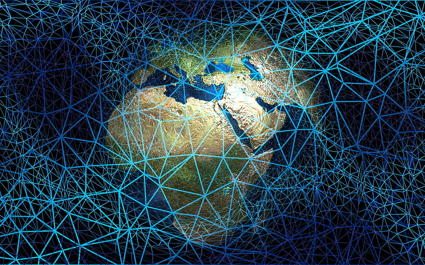 Концепции за световната мрежа, интернет, мрежови концепции, синя неонова мрежа, 3D Земя, модерна технология за с резолюция . Високо качество HD тапет