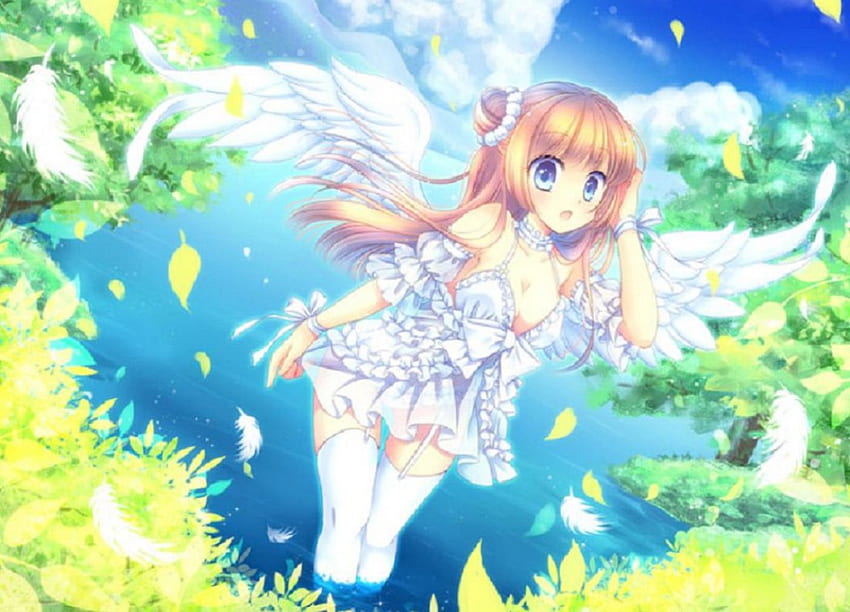 Miyu, wings, orginal, white, cute, angel, girl, water HD wallpaper