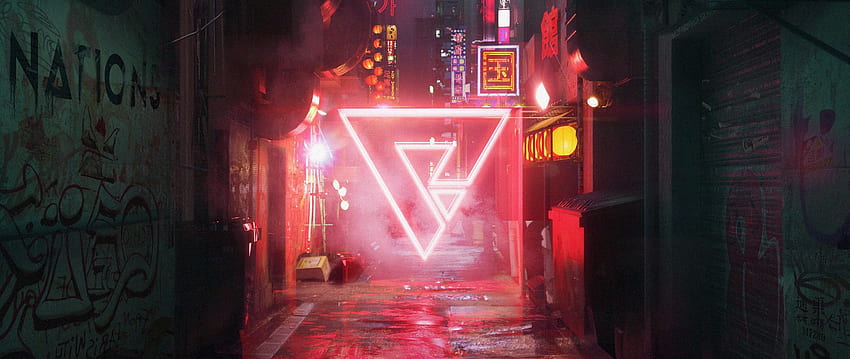 street, triangle, cyberpunk, neon dual wide background, Neon Alley HD wallpaper