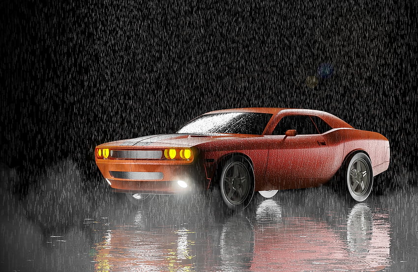 Artwork, Red Dodge Challenger, muscle car HD wallpaper