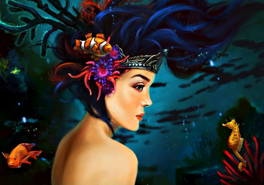 A royal visit, blue, mermaid, art, girl, schultzee, fantasy, seahorse, red, fish, water HD wallpaper