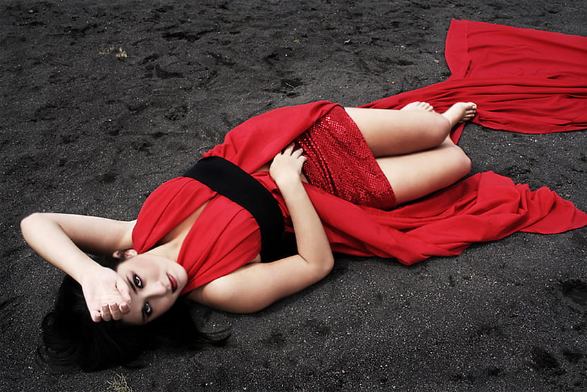 赤で、モデル、ドレス、女性、赤 高画質の壁紙