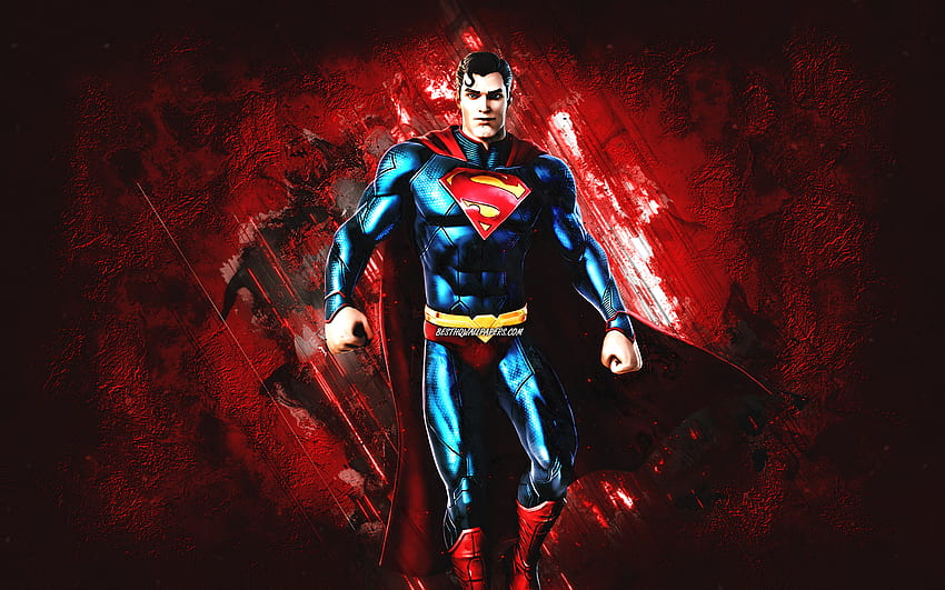 Fortnite Superman Skin, Fortnite, główni bohaterowie, czerwone kamienne tło, Superman, skórki Fortnite, Superman Skin, Superman Fortnite, postacie z Fortnite Tapeta HD