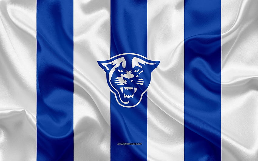 Georgia State Panthers, американски футболен отбор, емблема, копринен флаг, синьо бяла копринена текстура, NCAA, лого на Georgia State Panthers, Атланта, Джорджия, САЩ, американски футбол за с разделителна способност. Високо качество HD тапет