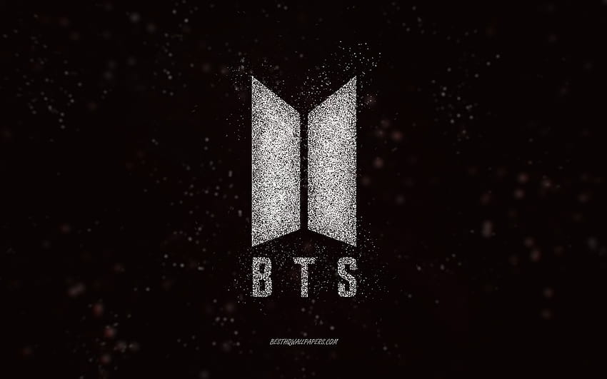 Brokatowe logo BTS, czarne tło, logo BTS, biała sztuka brokatowa, BTS, sztuka kreatywna, logo BTS z białym brokatem, Bangtan Boys Tapeta HD