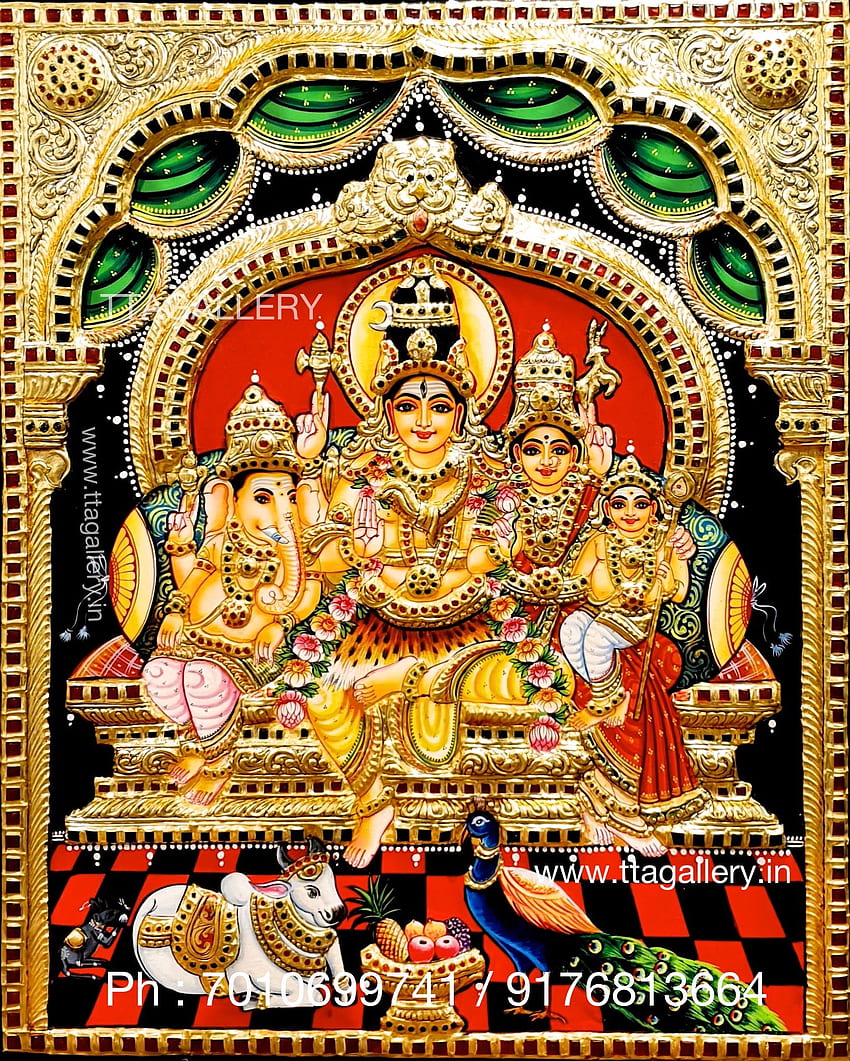 Pittura Tanjore semi goffrata della famiglia Shiva 2021, Thanjavur Sfondo del telefono HD