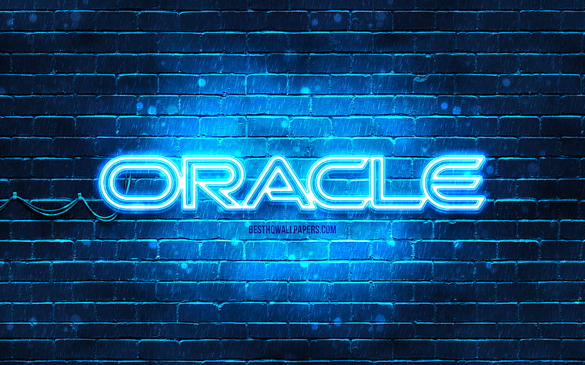 Oracle blue logo, , blue brickwall, Oracle logo, brands, Oracle neon logo, Oracle HD wallpaper