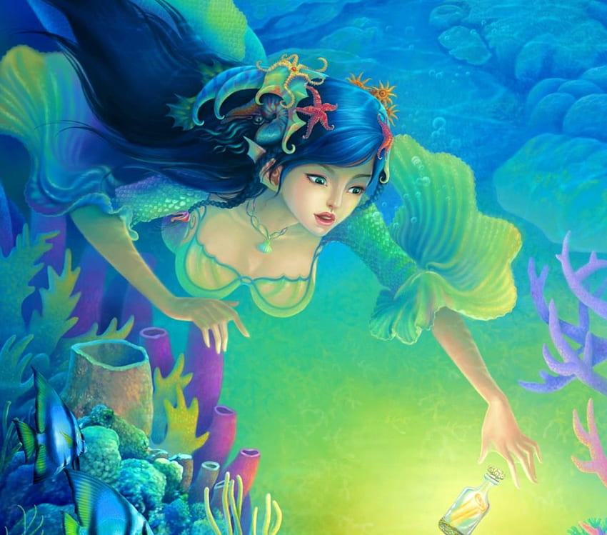 Pesan Dalam Botol, warna-warni, koral, putri duyung, pesan, fantasi, ikan, botol Wallpaper HD