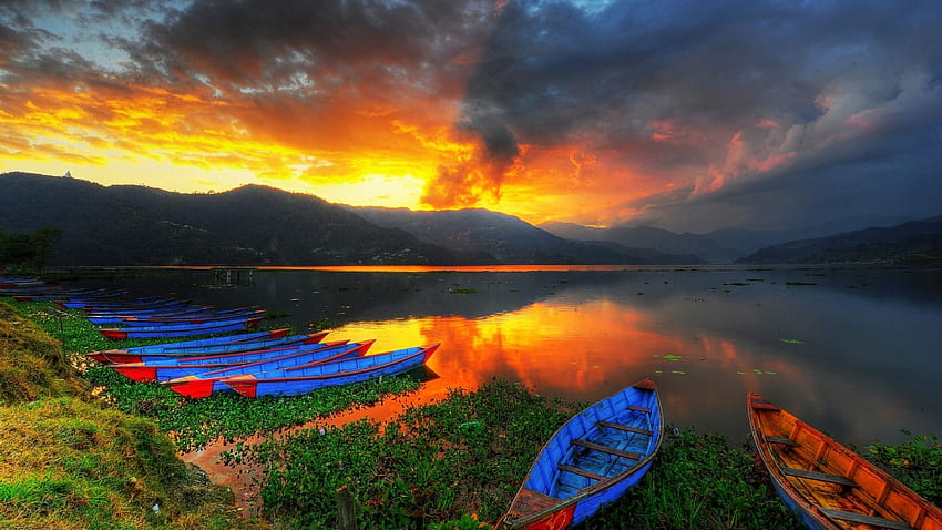Peaceful Lake, landscape, peaceful, grass, lake, reflection, boats, clouds, nature, mountains, sunset HD wallpaper