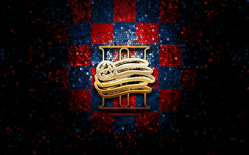New England II FC, glitter logo, USL League One, red blue checkered background, soccer, american football club, New England II logo, mosaic art, football, New England II HD wallpaper