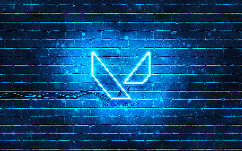 Logo biru Valorant, , brickwall biru, logo Valorant, merek game, logo neon Valorant, Valorant Wallpaper HD