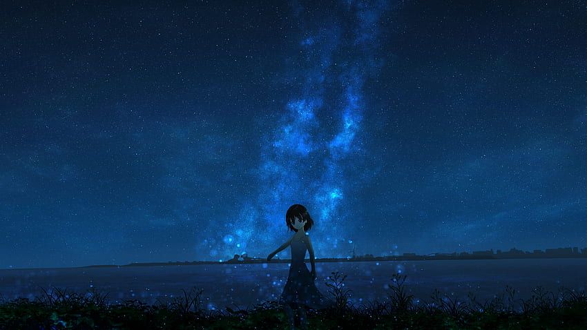 Anime, noc, gwiaździste niebo, dziewczyna Tapeta HD
