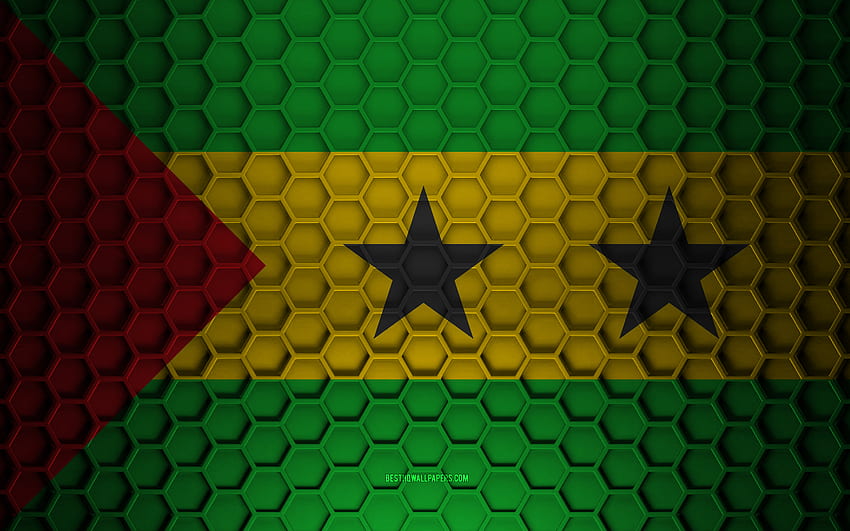 Sao Tome and Principe flag, 3d hexagons texture, Sao Tome and Principe, 3d texture, Sao Tome and Principe 3d flag, metal texture, flag of Sao Tome and Principe HD wallpaper