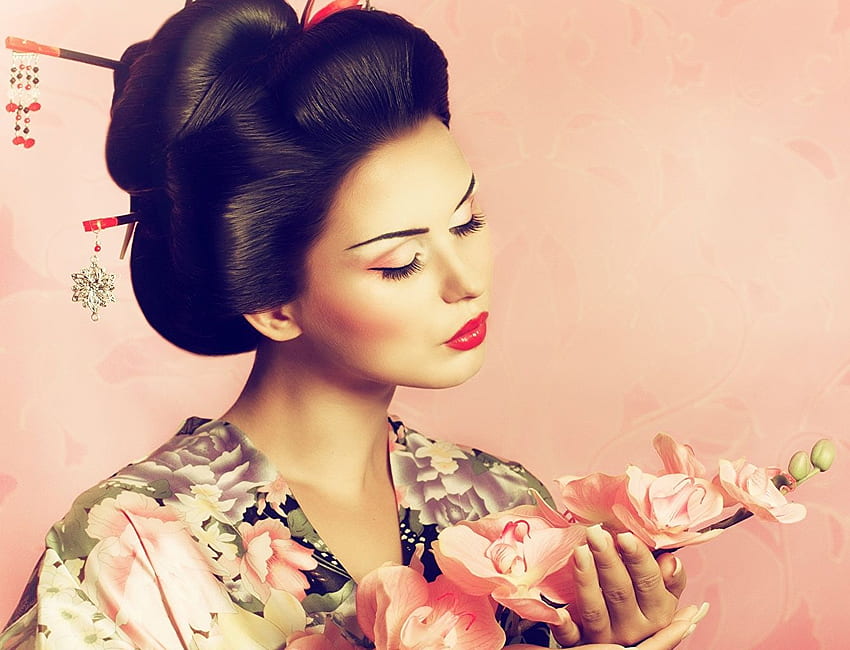 Japan Brunette girl Sakura Makeup Kimono female HD wallpaper