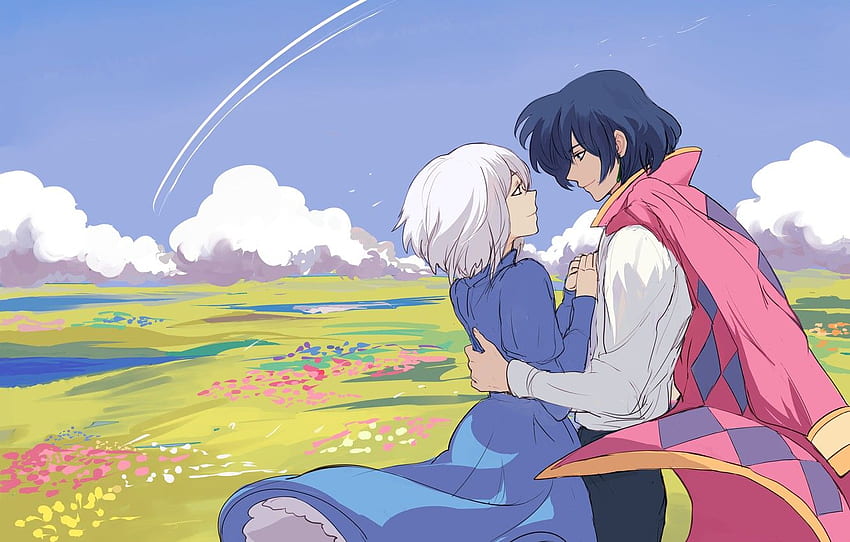 Field, Girl, Clouds, Flowers, Art, Guy, Hayao Miyazaki, Howl's Moving Castle, Howl's Moving Castle, Sophie Hatter, Howl, Pancake Waddle For , Section прочее HD wallpaper