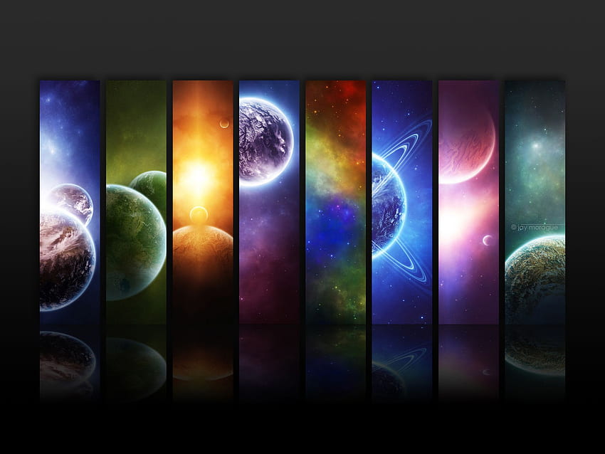 콜라주, 공간, 행성, 무지개, 달, 별, 별, 반사 - 배경 HD 월페이퍼