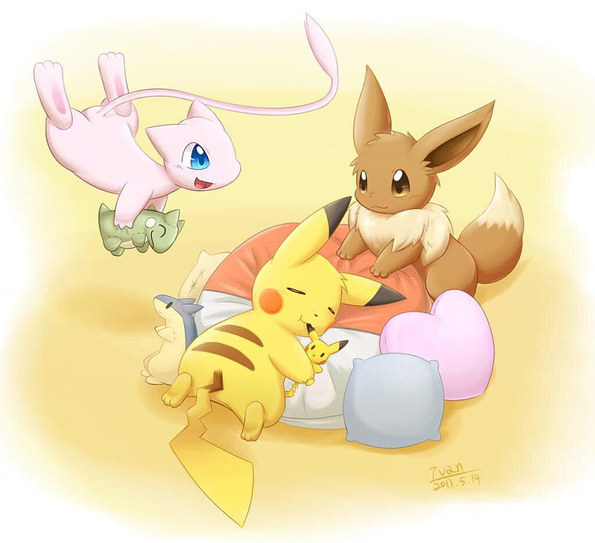 Mew the Pokemon Mew, Eevee, and Pikachu in a Play Room, Sleepy Pikachu HD wallpaper