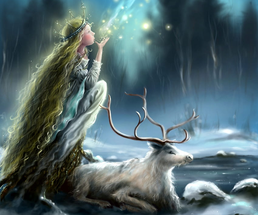 Winter Princess, Winter, Snow, Deer, Ice, Horns, Lights HD wallpaper