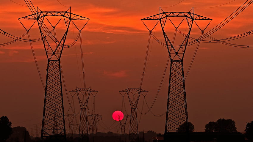 sunset, transmission tower power lines HD wallpaper