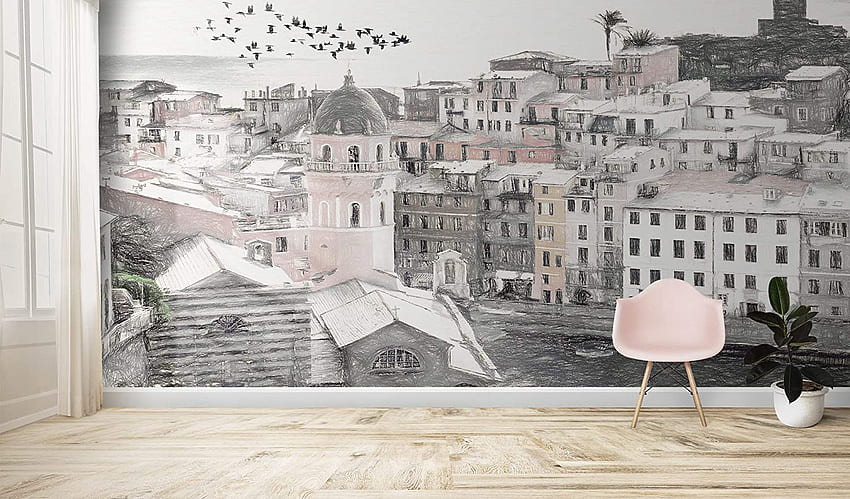 Murwall Cityscape Architecture Charcoal City Wall Mural Drawing Art Wall Decor Living Room Cafe Decor Architectural Office Wall Design : Handmade Products, Architecture Drawing HD-Hintergrundbild