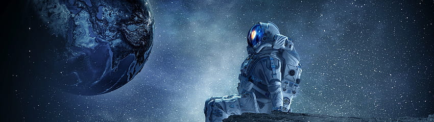 astronauta, acantilado, planetas, estrellas, traje espacial, 3840x1080 espacio fondo de pantalla