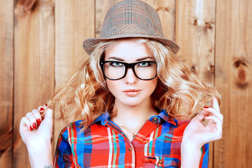 Blonde, woman, glasses and hat HD wallpaper