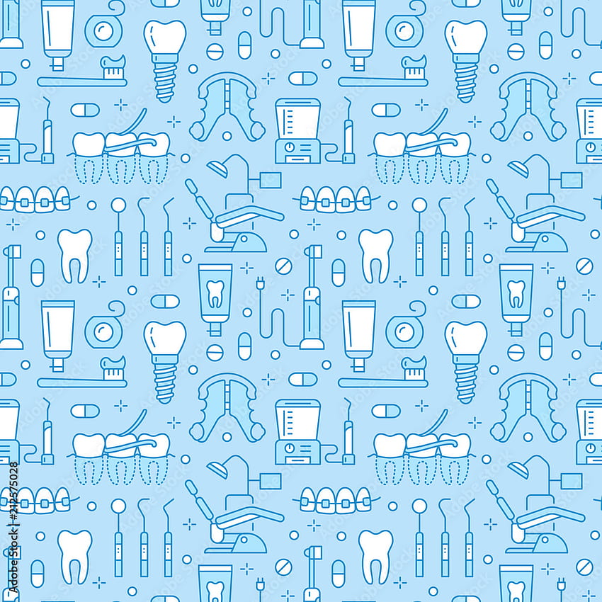 Dentist, orthodontics blue seamless pattern with line icons. Health care background for dentistry clinic. Dental care, medical equipment, braces, tooth prosthesis, floss, caries treatment, toothpaste. Stock Vector. Adobe Stock HD phone wallpaper