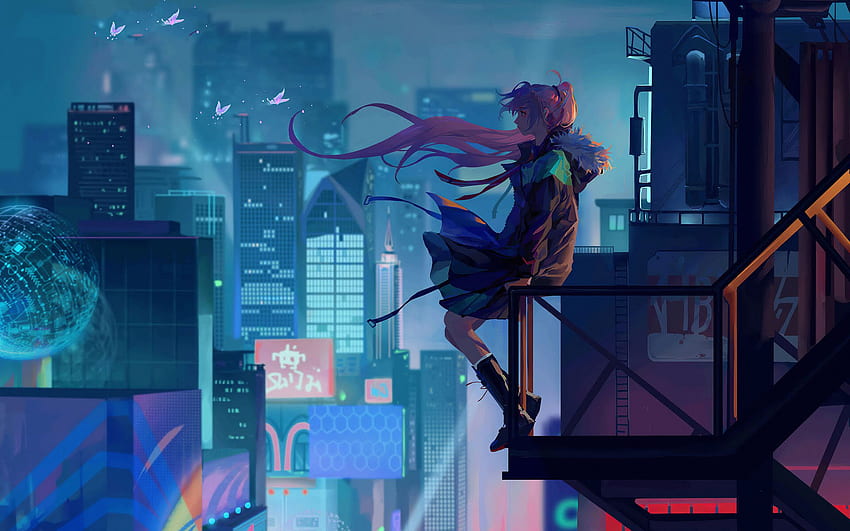 Stadt-Anime-Mädchen allein, Technologie-Anime HD-Hintergrundbild