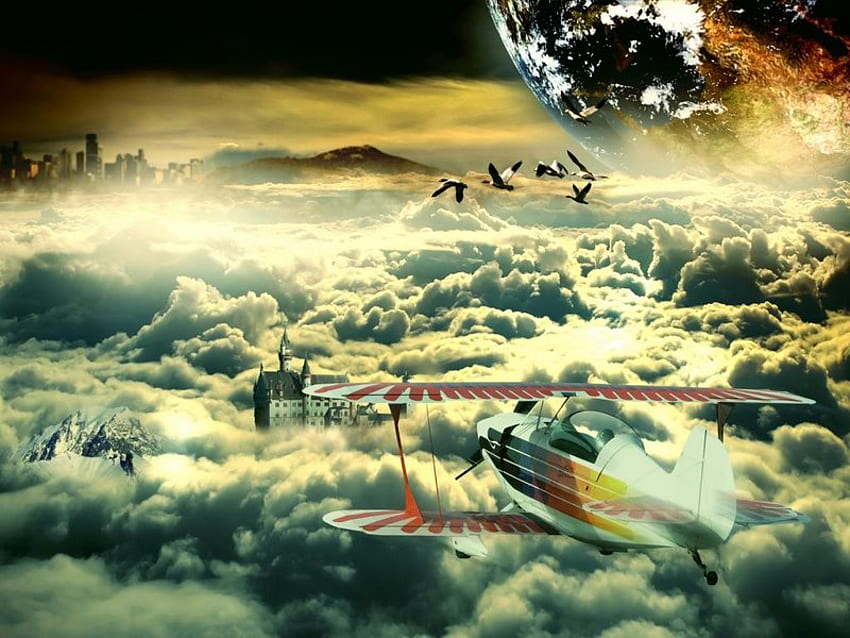 World of Clouds, birds, awesome, stars, nice, background, digital, animals, fullscreen, castle, mountains, moons, planets, flying, planes, beautful, fantasy, antique, nature, mounts, commercial, black, graphy, gold, skyscape, buildings, abstract, 3d and cg, city, cities, ducks, yellow, space, airfields, fly, blimps, , peaks, concepts, , earth, aviator, aircraft, gulls, art, sunsets, house, sundown, satellites, world, private planes, natural, , , amazing, sunrises, orange, sunlights, , gray, gods, airplanes, hop, cool, clouds, sky HD wallpaper