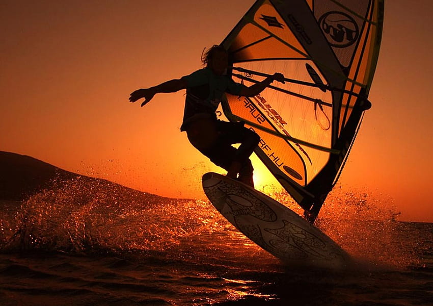 Sunrise Windsurfing, sea, windsurfing, wave, sunrise, surf HD wallpaper