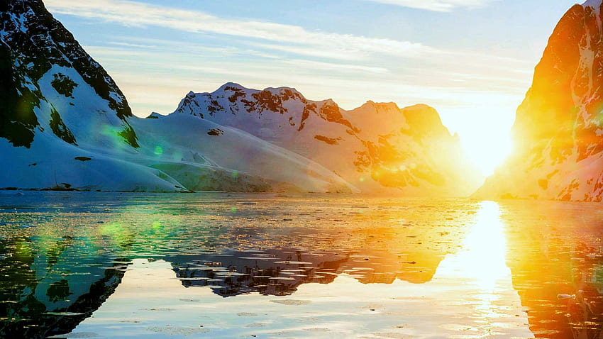 Sunset in Antarctica, sky, mountains, water, lake, reflections HD wallpaper