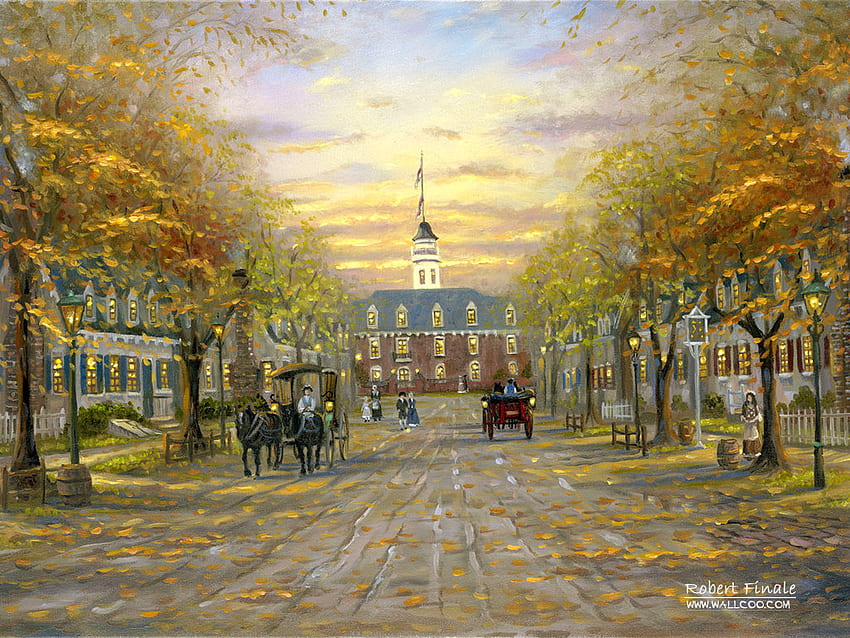 Robert_Finale_art_paintings_ColonialWilliamsberg, painting, art, robert finale, street, sunset, tree HD wallpaper