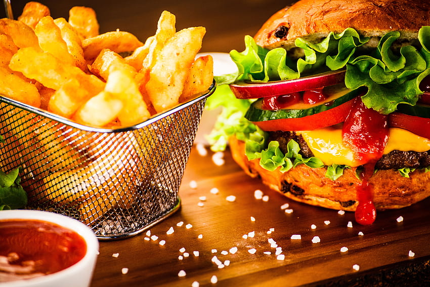 Still Life, French Fries, Burger And Background HD wallpaper