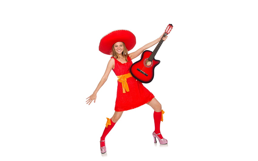 :D, червено, китара, момиче, рокля, шапка, жена, модел, усмивка, инструмент, щастлив HD тапет