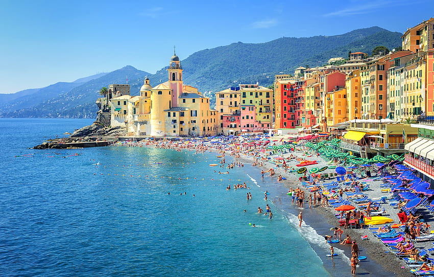 바다, 해변, 산, 해안, 집, 이탈리아, Sunny, Camogli, Genoa for , 섹션 город, Seaside Town HD 월페이퍼