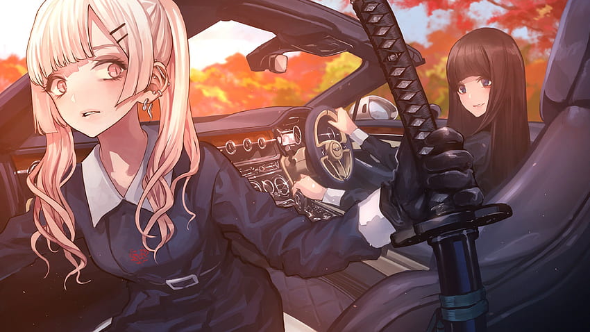 Anime Rich Girls, Katana, Sport Car, Gloves, Anime Sports HD wallpaper