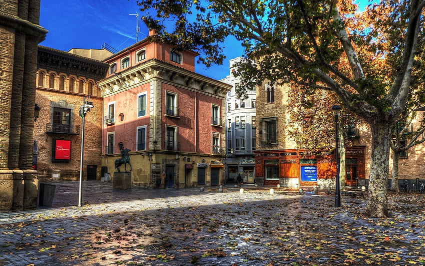 paralelepípedos, árvores, Zaragoza, rua, Espanha papel de parede HD