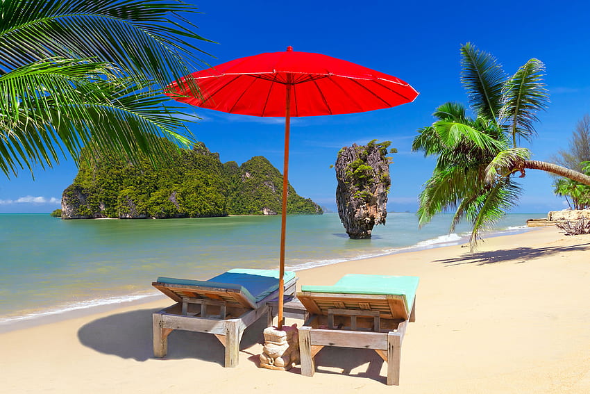 Beach Chairs and Umbrella on Thailand Beach Ultra HD wallpaper
