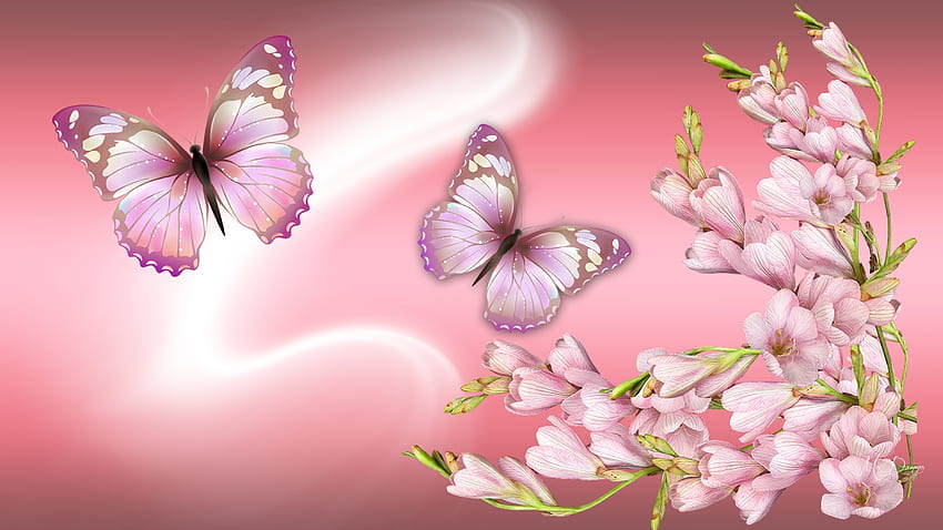 Spring Pinks, пролет, дърво, лято, тема за Firefox, пеперуди, розово, цветове, блясък, светлина, природа, цветя HD тапет