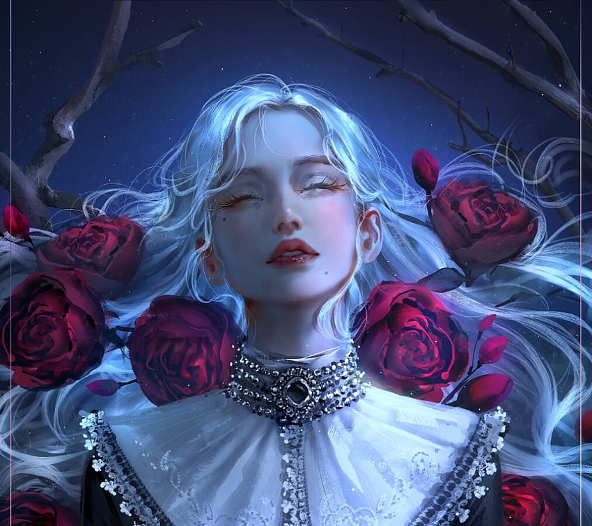 Blu e by NIXEU, rose, blue, fantasy, art, red, nixeu, girl, luminos HD wallpaper