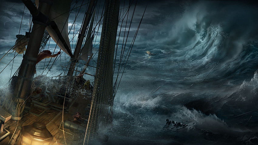 Matrosen, Natur, Wasser, Meer, Wellen, Digitale Kunst, Segelschiff, Sturm, Dunkel, Wolken, Seile, Zerstörung, Assassin's Creed III, Videospiele / und Mobile & , Dark Ocean Storm HD-Hintergrundbild