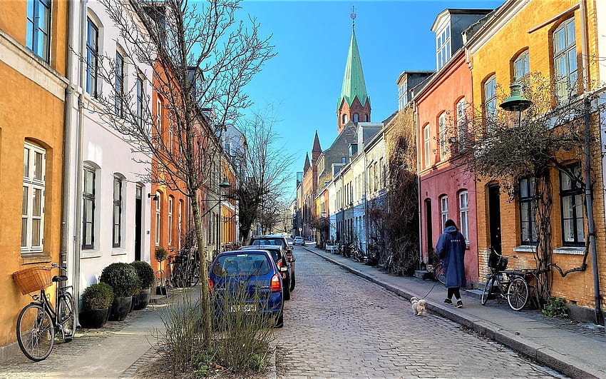 Copenhagen, Denmark, street, Copenhagen, houses, Denmark, church HD wallpaper